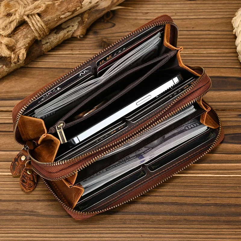 Fashionable Leather Clutch Wallet For Men Women Genuine Long Purse Double Zips Card Holder With Wrist Belt Phone Wallets