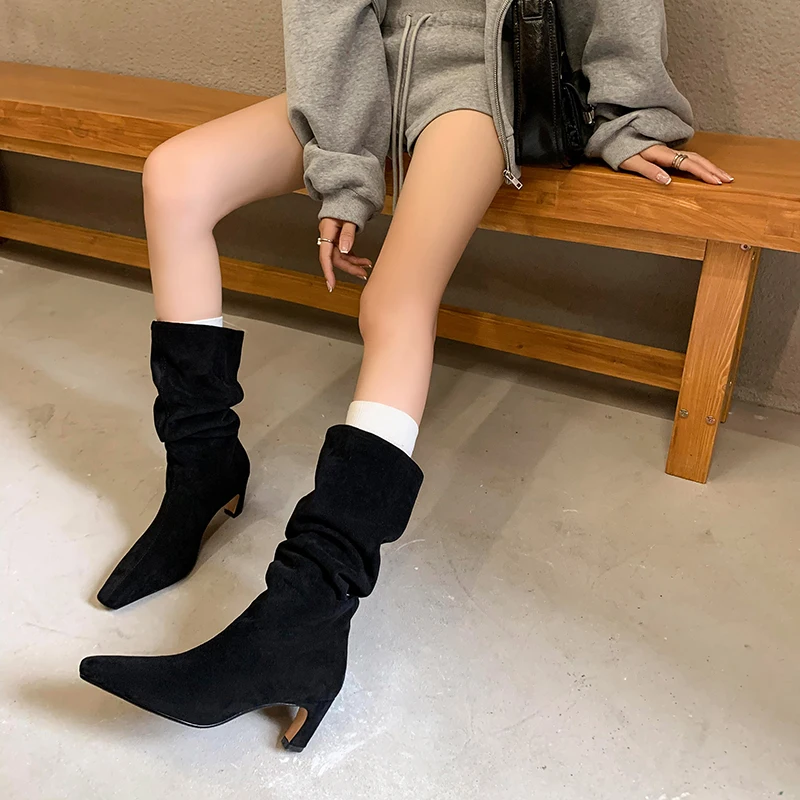 QUTAA 2025 News Women Knee High Boots Faux Suede Wrinkles Chunky Heels Pointed Toe Fashion Woman Winter Long Shoes Size 34-39