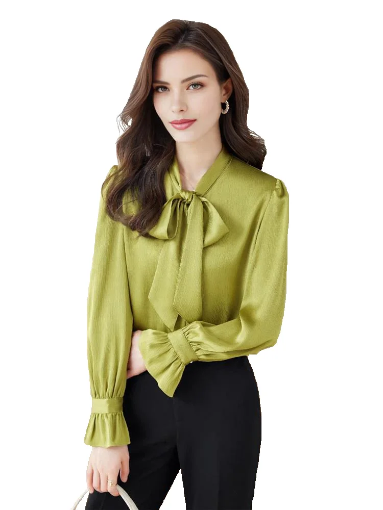 

Spring Women's Long Flared Sleeves Loose Shirt Elegant and Chic Ribbon Green White Fashion Luxury Blouses High Quality New 2024