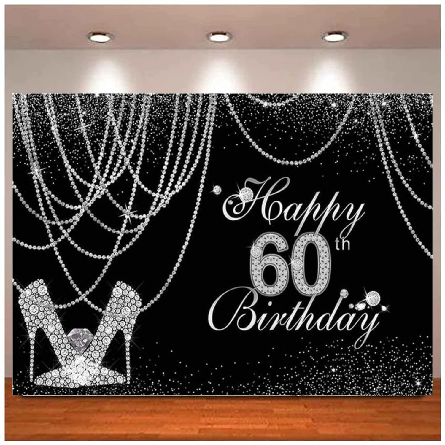 

Black And Silver Woman Happy 60th Birthday Banner Background Glitter Diamond Pearls High Heels Party Decor Photography Backdrop