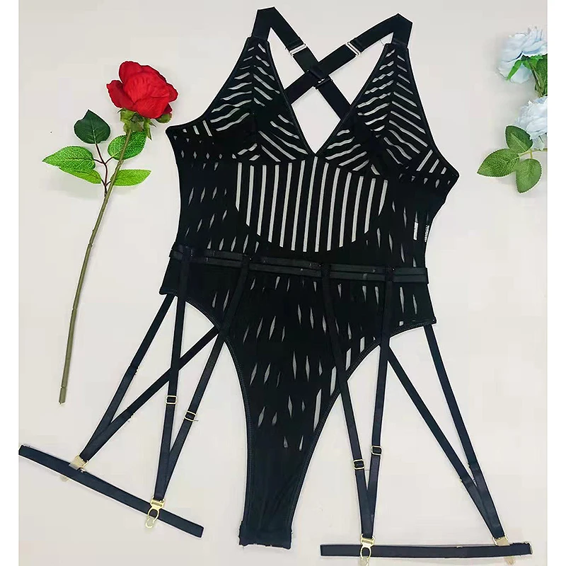 Sous-vêtements sexy à rayures pour femmes, 7.0, dos nu, maille transparente, jarretière, boucles de jambe, ensemble 2 pièces, lingerie ajourée