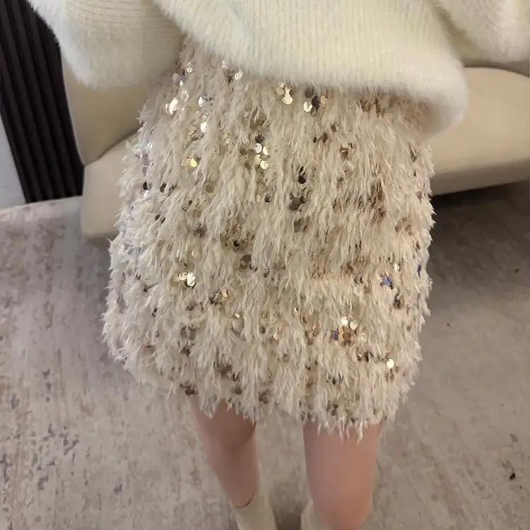 Gentle Apricot Sequins Feathers Small Fragrant Short Skirt Women 2026 Design Temperament