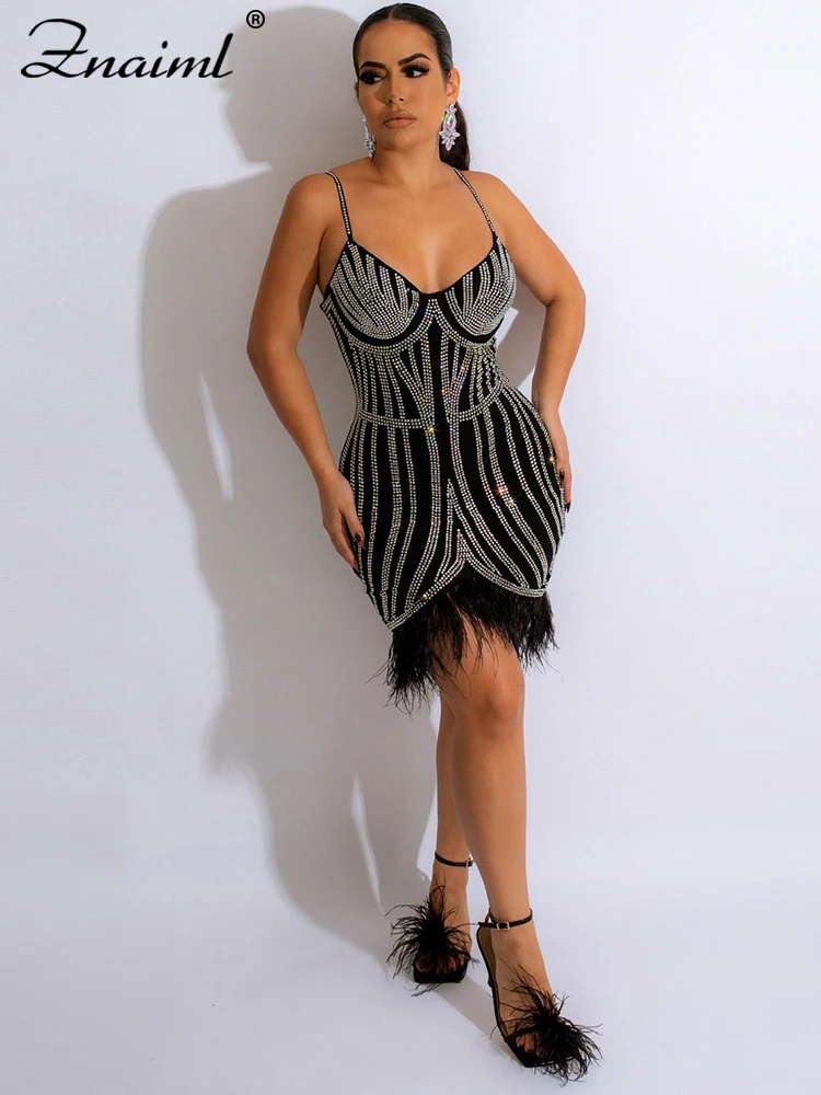 

Znaiml Luxury Party Club Prom Mini Dress Women Sexy Rhinestones Black Feather Tassel Hem Spaghetti Strap Bodycon Birthday Robe