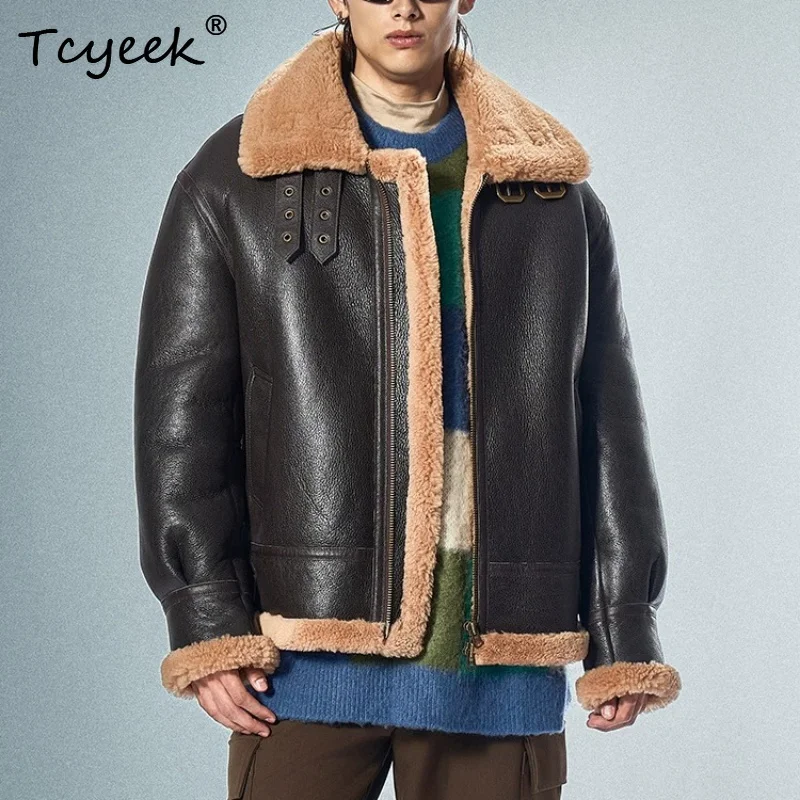 Tcyeek Natural Merino Sheep Fur Coat Men Brown Real Leather Jacket Warm Real Fur Mens Coats Fashion Winter Clothes Thickened