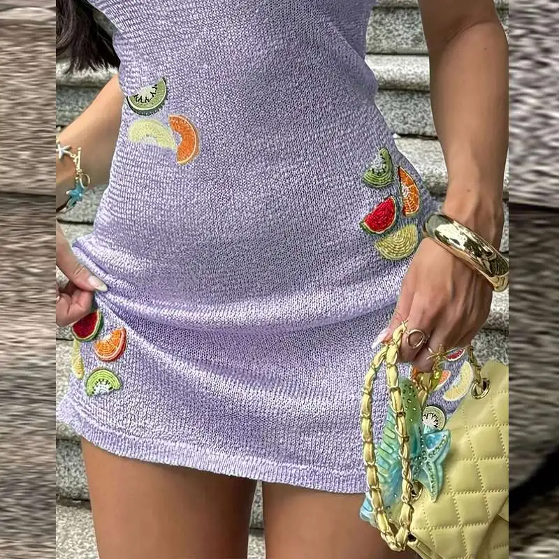 Women's O Neck Knitted Slim Mini Summer Hollow Out Sleeveless Beach Cover Up Dress Fruit Embroidery Vest Short Dresses New