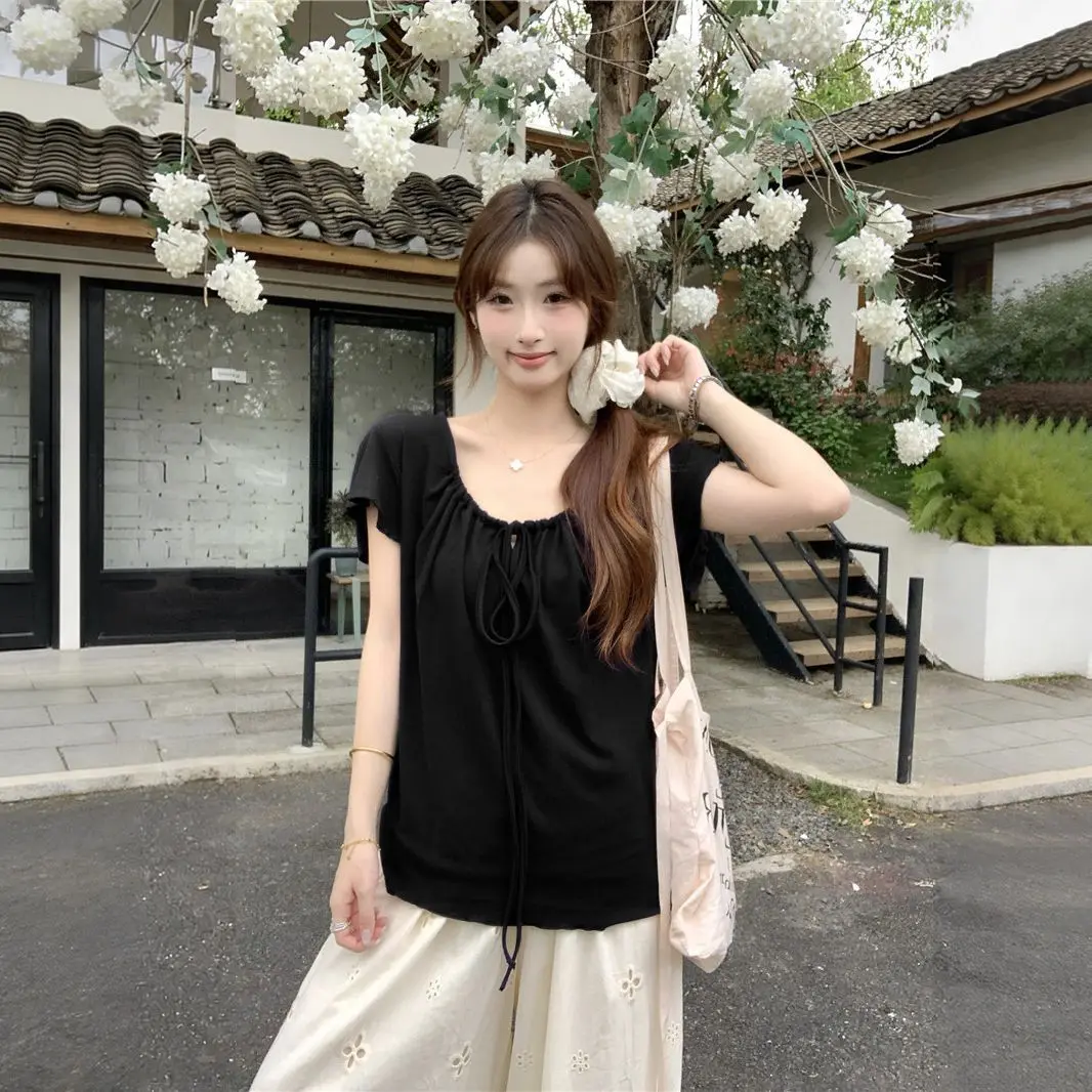 Korean Style Chic Loose Women's Short Sleeve T-Shirt with Bow Design Summer Casual Slimming Top Polyester Fabric Pure Color