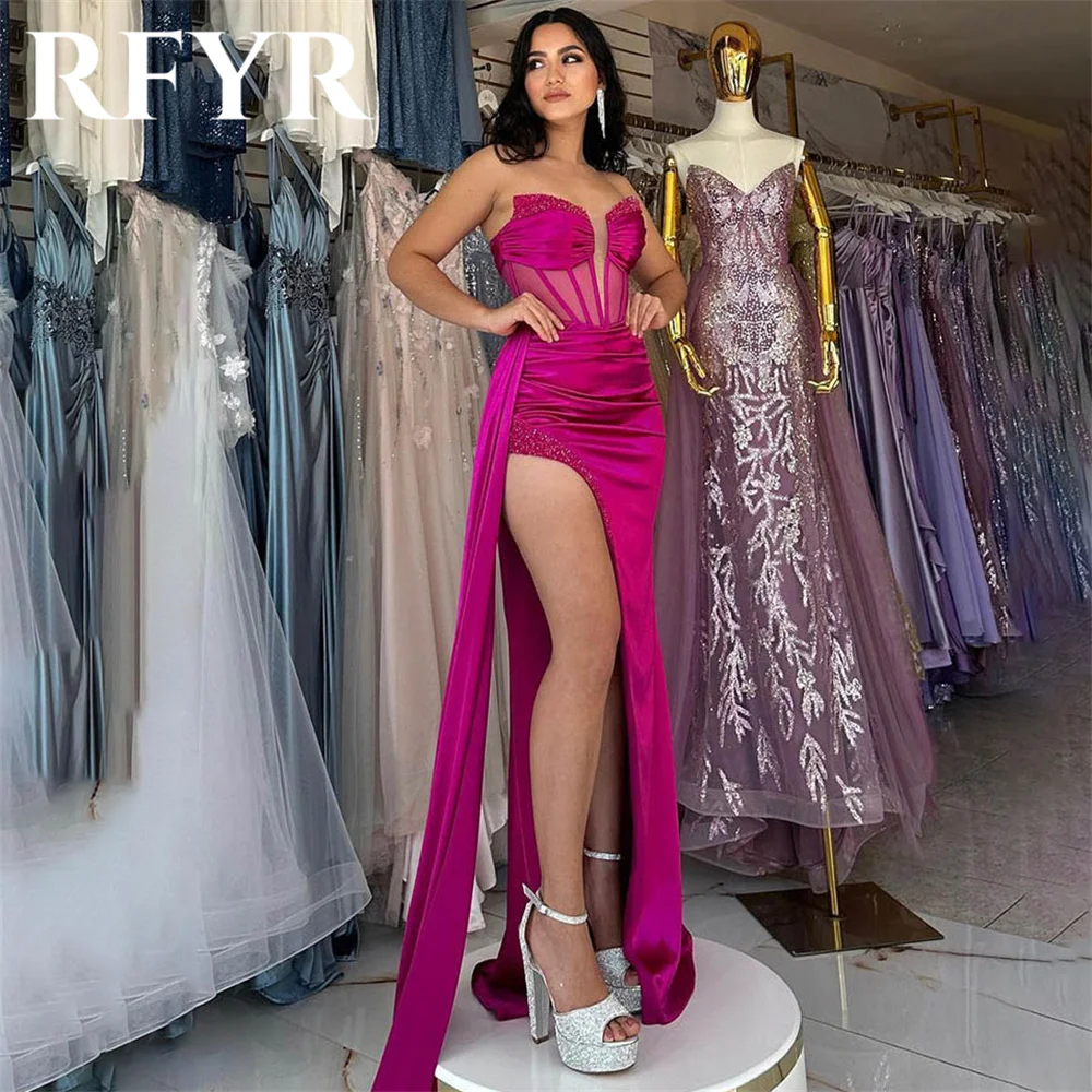 RFYR Fuchsia Evening Dress for Party Satin Scoop Sleeveless Pleats Prom Gowns Split Long Trumpet Celebrity Dresses Customized