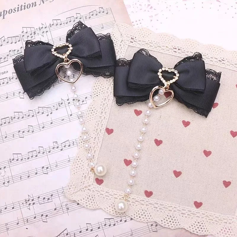 1pair Lolita Cosplay Girl Hairpin Bow Barrette Cute Pearl Pendant Lace Hair Korean Accessories Hair Clips Y2k Items for Girls