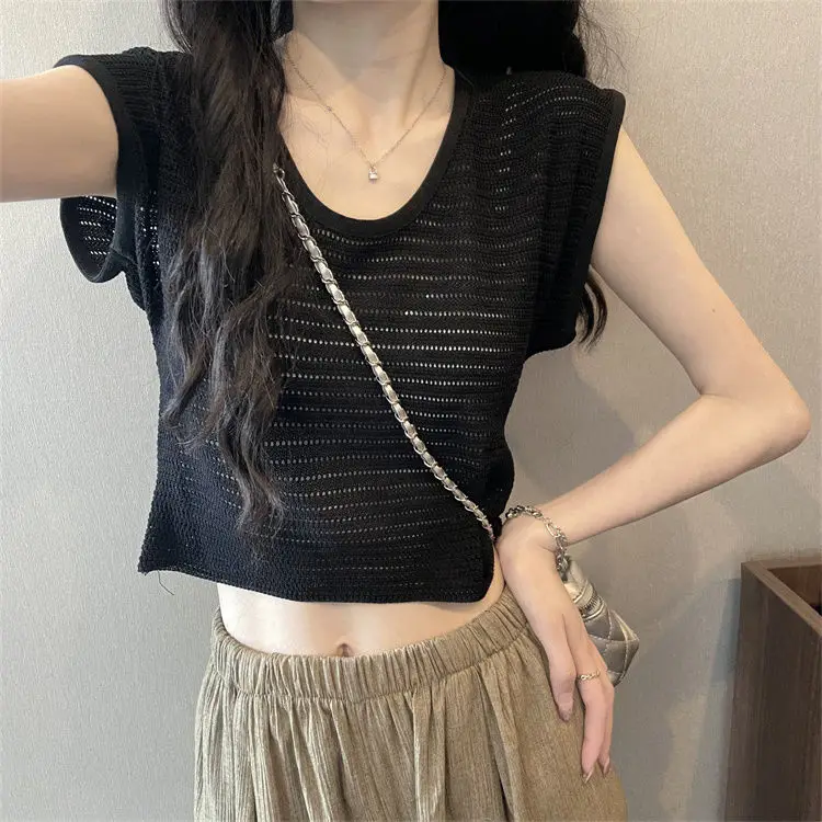 Pull fin en soie glacée pour femmes, col carré, petites manches volantes, Design, Niche, haut court, nouvelle collection 2025