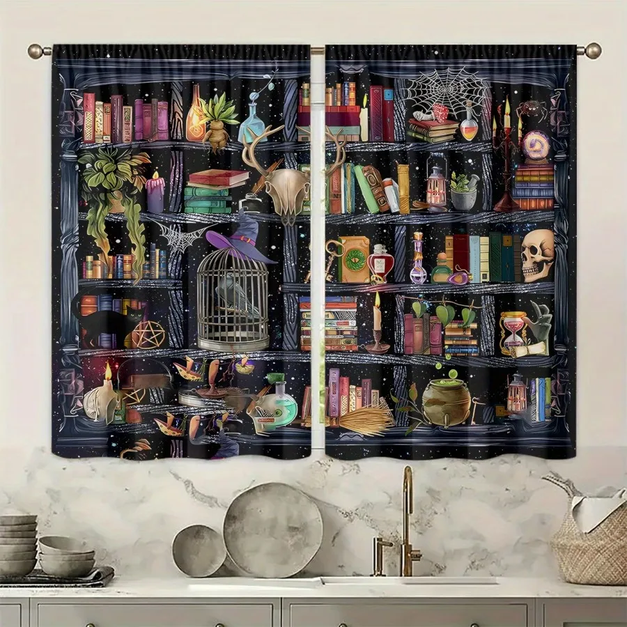 2PCS Digital Print Curtain, Birdcage Bookshelf Vintage Library, Antique Literary Rustic for Bedroom Living Room Kitchen