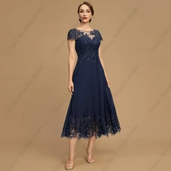 Scoop Short Sleeve Mother of Bride Dresses with Lace Tea Length Wedding Party Gown 2023 Summer Beach Vestido De Noche Robe De