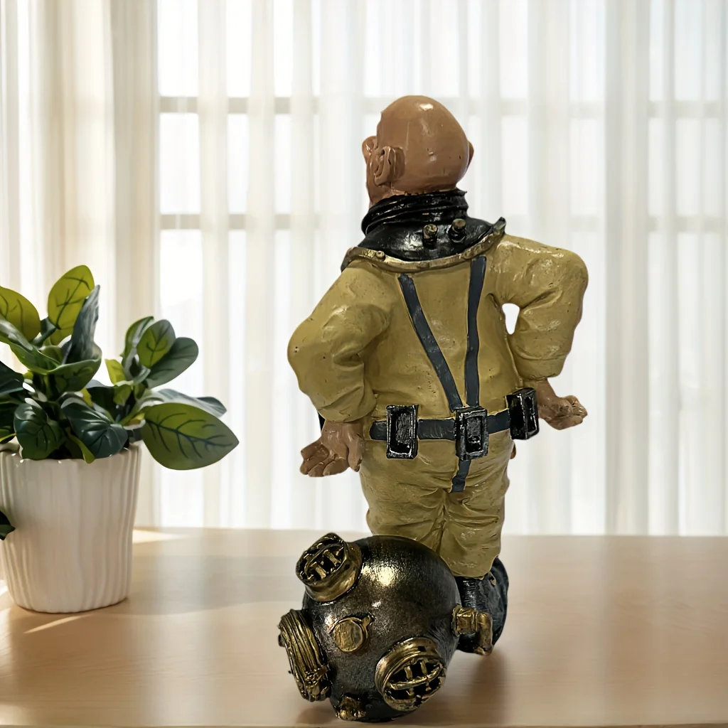 Vintage-Taucherstatue aus handgefertigtem Kunstharz, Ozeandekoration im Retro-Stil, gelb-schwarze Tiefsee-Erkundung, detailliertes Design für den Innenbereich. – Detail 4