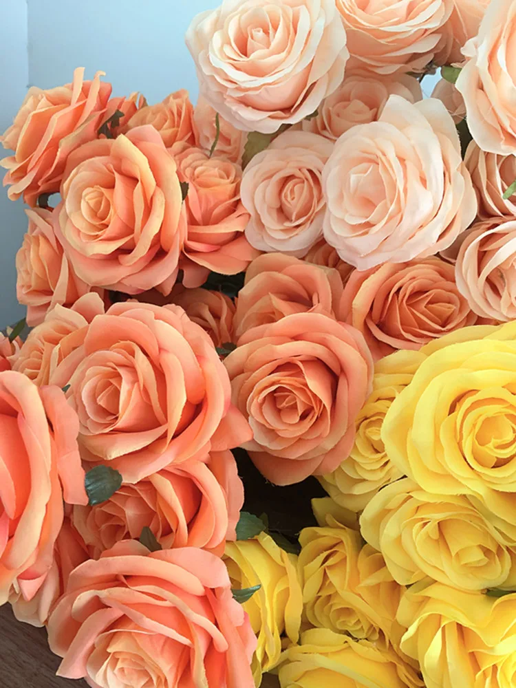 9Heads Roses Bouquet Artificial Flower Yellow Golden orange sunset Champagne Rose Fake Rose Living Room  Decoration Wedding