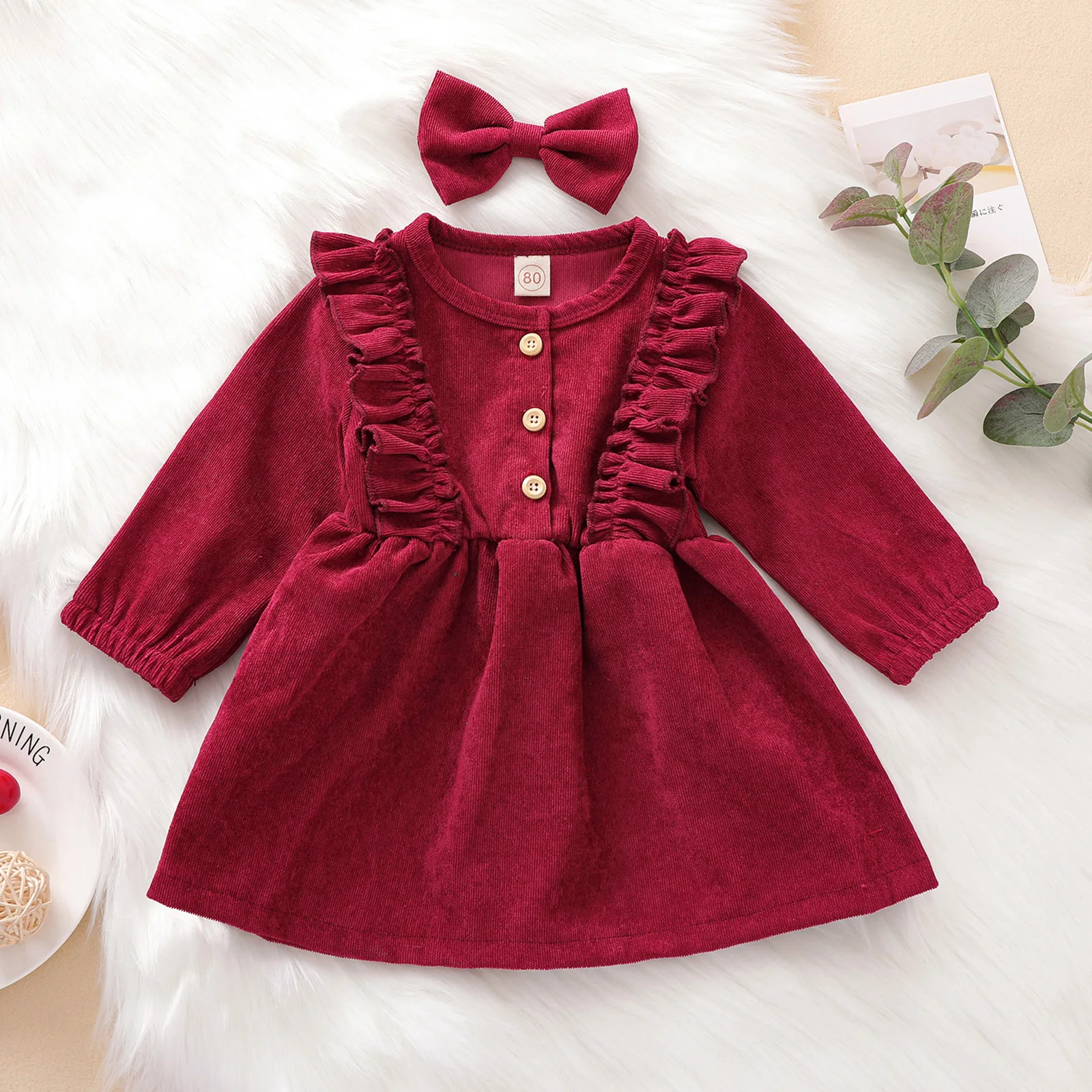 Baby Girl Dress High-Waist Midi Long Sleeve Round Collar Ruffle Buttons Princess Pleated Fall Skirt Headband