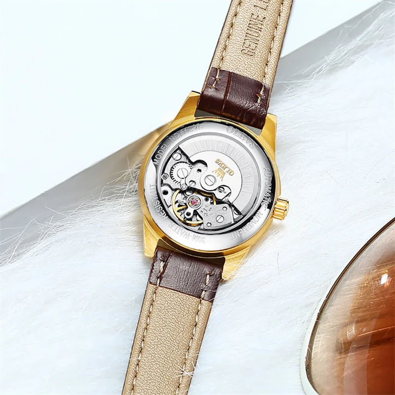 OLEVS Top Luxury Women Wristwatch Automatic Mechanical Waterproof Watch Calendar Brown Leather Watchstrap Lady Watches 2024