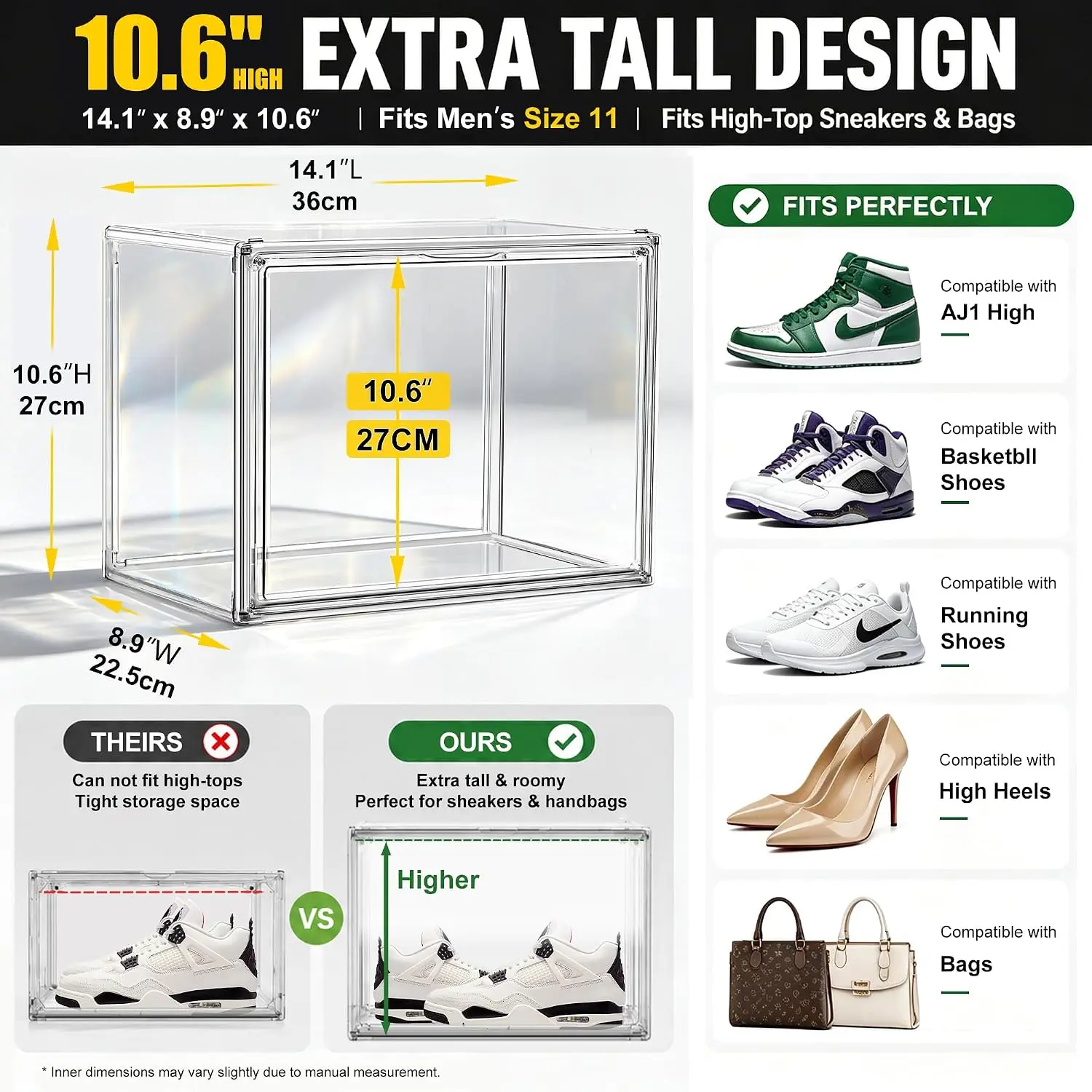 12 Pack Clear High-Top Sneaker Storage Boxes, Acrylic Shoe Organizer | Extra height 10.6'' for high-top sneakers & athletic foot