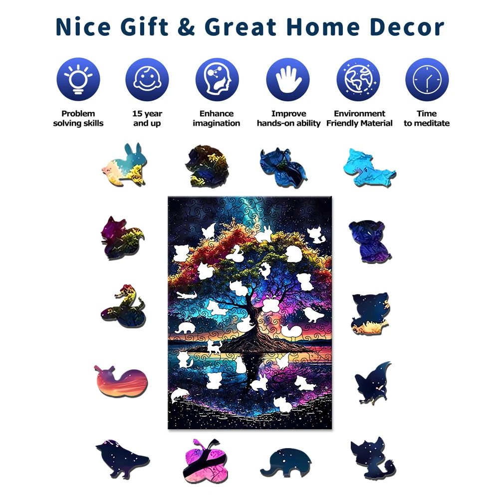 Colorful Tree Wooden Jigsaw Puzzle Art, Uniquely Animal Shaped Pieces Toys, Christmas Gift with Beautiful Package Home Decor
