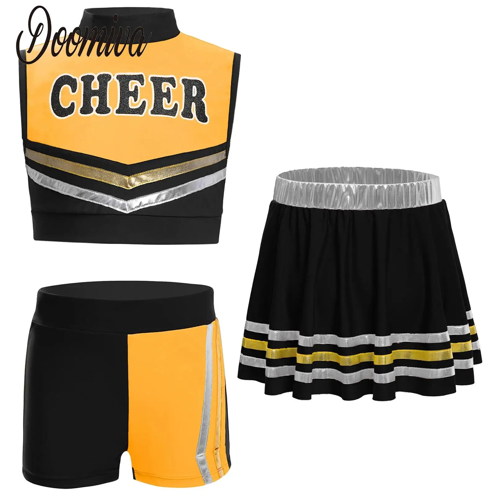 

Kid Girls Cheerleading Uniform Modern Contemporary Dance Costume Cheerleader Outfit Letter Print Vest Skirt And Shorts Dancewear
