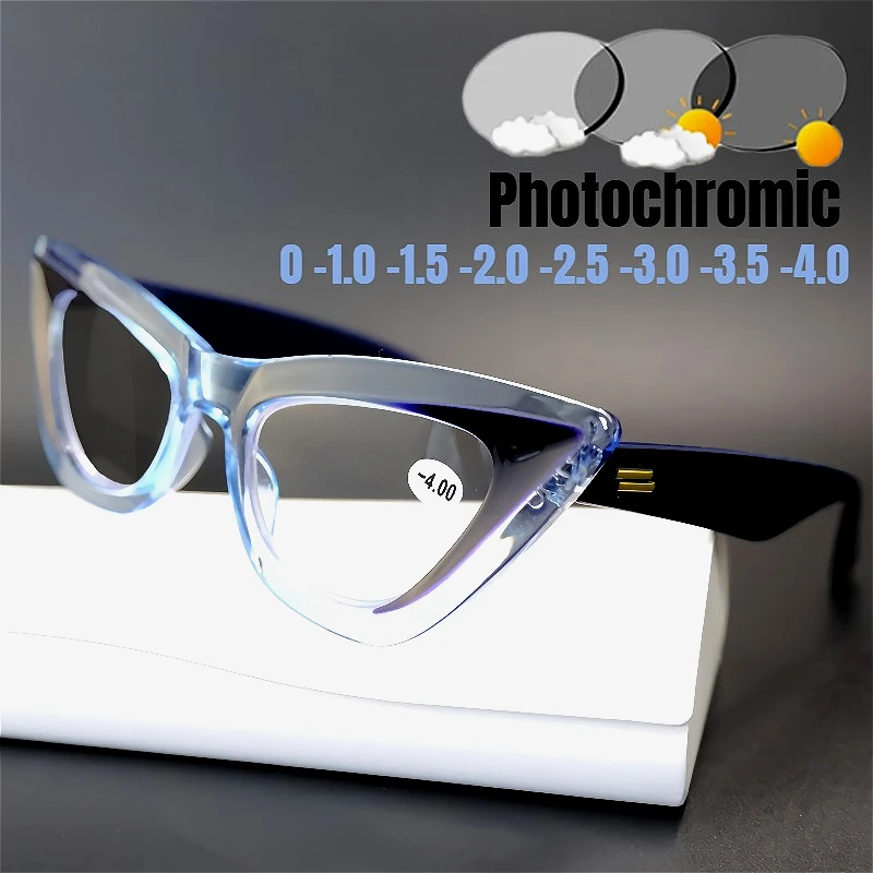 

Small Cat Eye Photochromic Myopia Glasses for Women Outdoor Color Changing Driving Sunglasses Blue Light Blocking Eyewear
