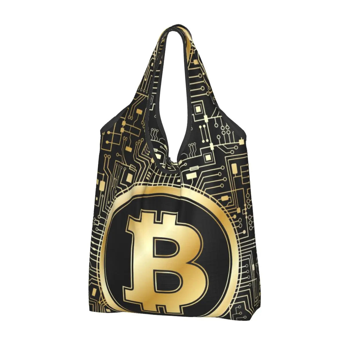 Bolsa de mano de moda personalizada, bolsa de compras de Bitcoin dorado Majestic, placa base, portátil, Crypto Hack, BTC, bolsa especial para compras de comestibles