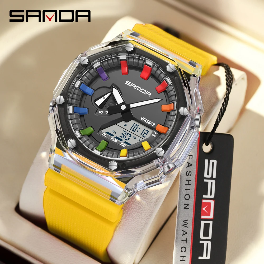 Sanda 3341 New Transparent Electronic Watch Multi functional Fashion Korean Men's Watch Waterproof Watch Alarm Clock Watch-1