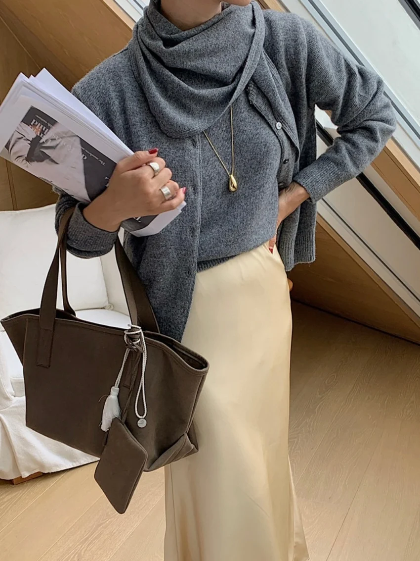 

Alien Kitty шикарные свитера с длинными рукавами и шарфом, повседневные женские новые 2026, нежные зимние вязаные тонкие кардиганы, офисные женские пальто