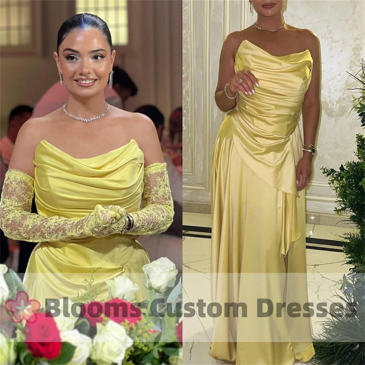 

Blooms Yellow Sweet Pleated Long Evening Dresses With Lace Gloves Ruched Prom Dress A-line Birthday Dress Wedding Party Gown