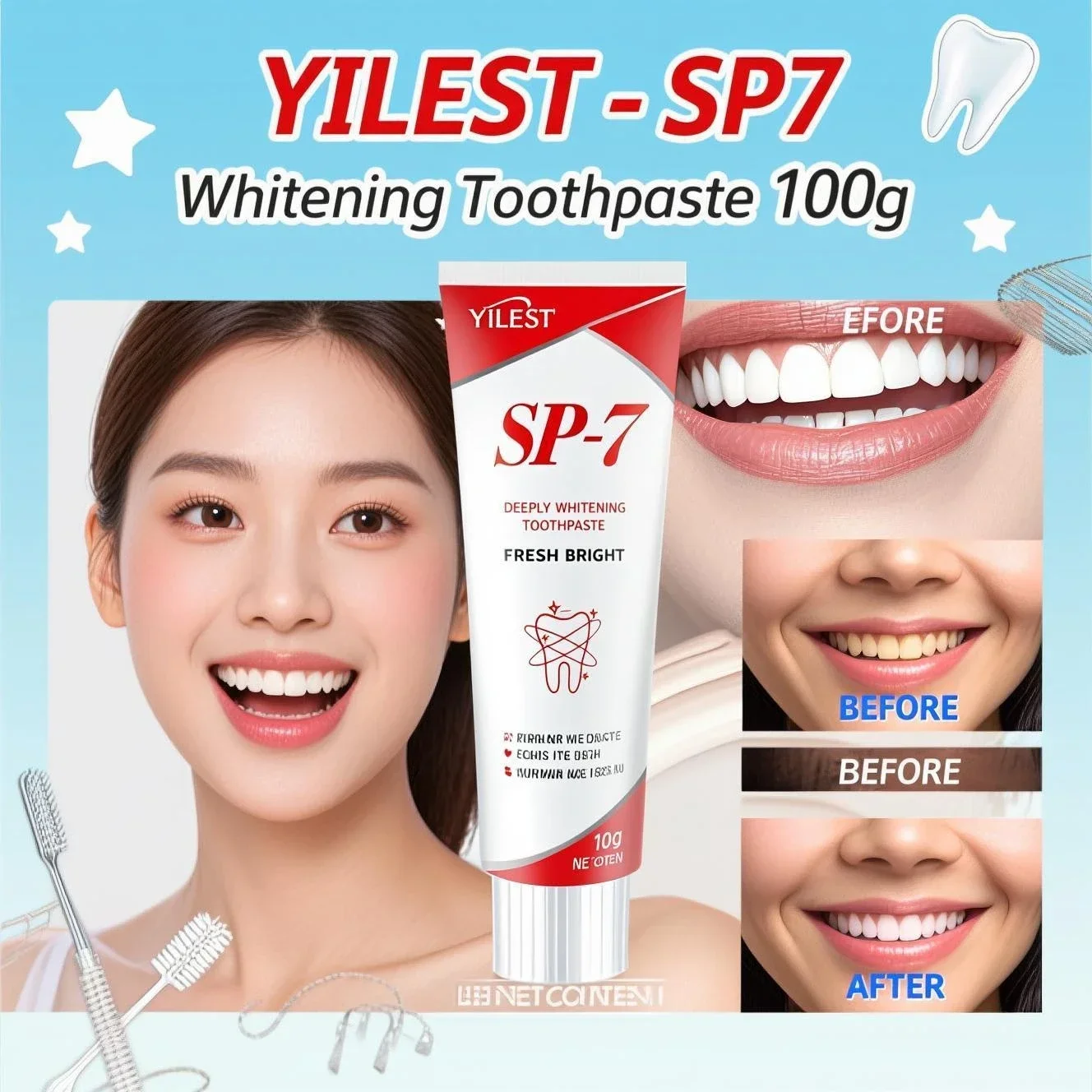 SP-7 Pasta de dientes blanqueadora profunda probiótica 120 ml - Elimina las manchas de café, refresca el aliento, 7 probióticos y xilitol para el cuidado bucal