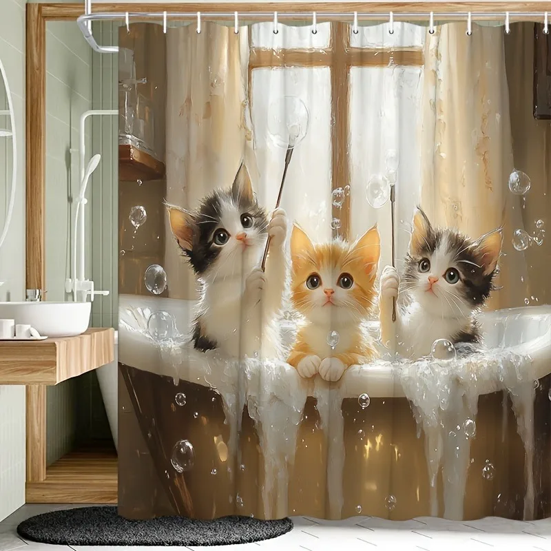 

Занавеска для душа с изображением мультяшного котенка, моющаяся, грязеотталкивающая, водонепроницаемая, из полиэстера, для домашнего декора