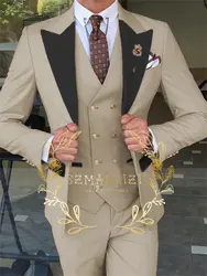 2024 Mode 3 Stück Sets Einreiher Groom men Beige Bräutigam Smoking schwarz Peak Revers Männer Anzüge Hochzeit Trauzeuge Blazer