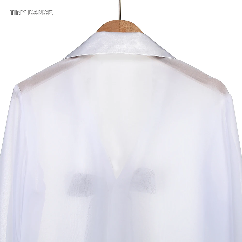 남성용 흰색 발레 댄스 셔츠, 검정색 리본 퍼포먼스 의상 상의, 앞면 리본 디자인 발레 공연복 26015