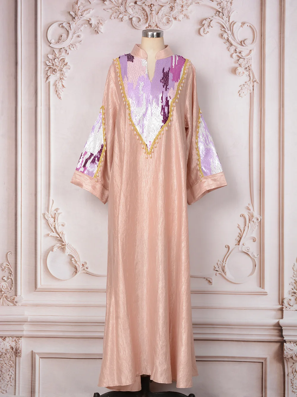 

Zahraa Fashion Muslim Rhinestone Decorated Sequin Long Sleeves V-Neck Kaftan Abaya Dress for Evening Woman Casual Abayas Dubai