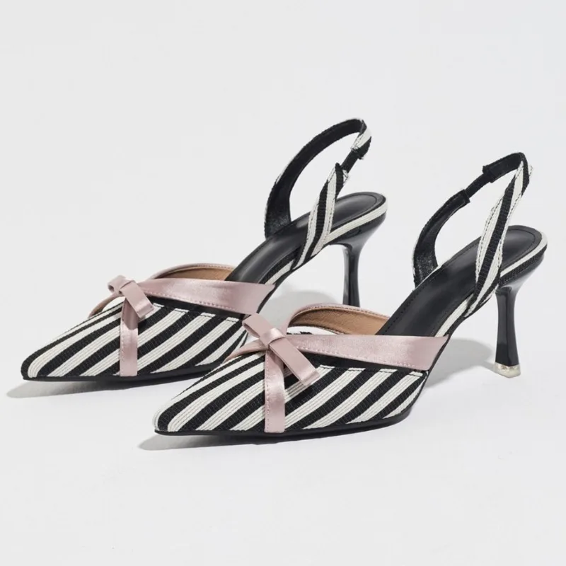 

Stripe Bow Luxury Slingback Sandals Women Sexy Pointed Toe Mules High Heels Brand Designer Shoes Women Pumps Papetes Feminina