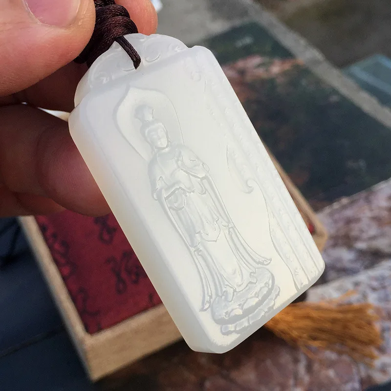 

Natural White Jade Enlightenment Pendant, Men's and Women's Seeking Jade Stone Necklace.