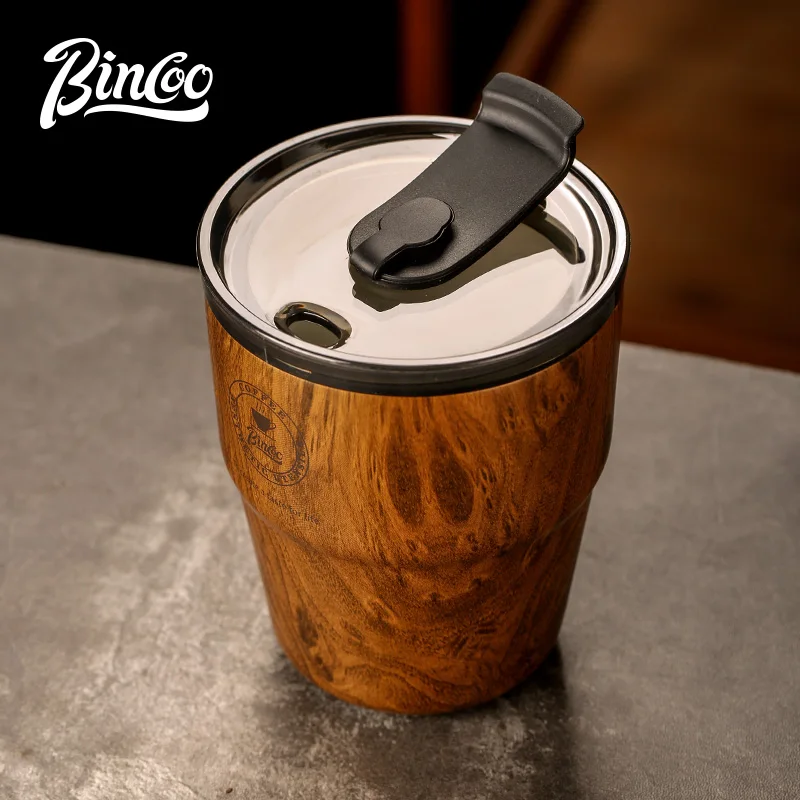 BINCOO Thermal Flask Insulated Coffee Cup Thermal Water Mug Cup With Straw Leakproof Wood Stripe Bottle Ceramic Liner Cup