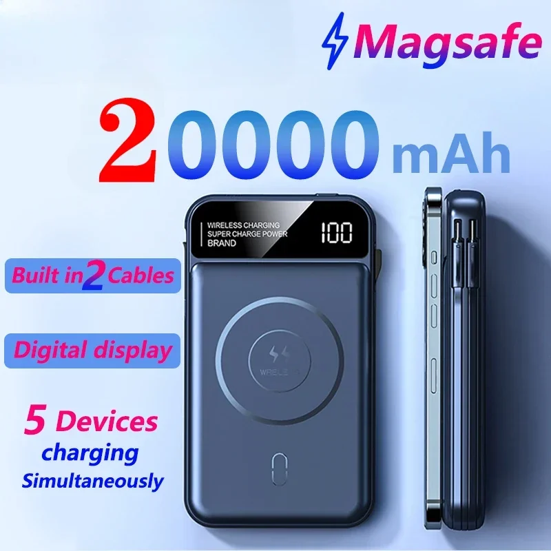 New hot 20000mAh Magnetic Wireless Power Bank Built in 2 Cables Fast Charging Portable Battery Charger For iPhone Huawei Samsung