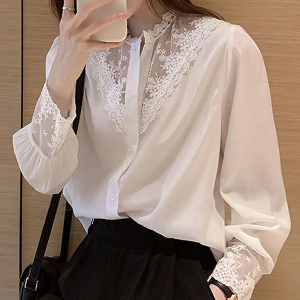 Women Clothing Lace Chiffon Shirt Brand New Condition Lightweight Fabric Patchwork Design For Autumn Wear For Casual Wear
