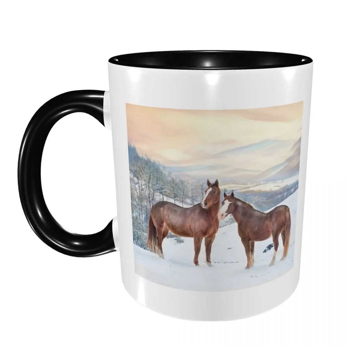 Horses With Snow And Sunset Hills Mug Funny Ceramic Coffee Cups Tea Mugs Milk Cup Drinkware Gifts for Friends