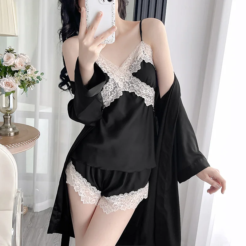 Pajama Sets Women Lace Sexy Ice Silk with Chest Pad Three Pieces Spring Summer Leisure Soft Cozy Tender Home Sleepwear Nightgown