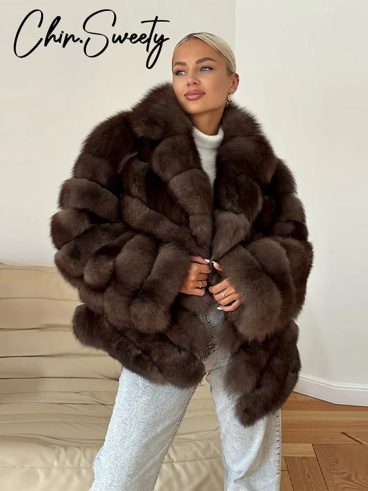 Luksusowy płaszcz ze sztucznego futra damski brązowy gruby długi rękaw kołnierz wykładany luźna kurtka damska 2025 zimowy elegancki ciepły płaszcz wierzchni