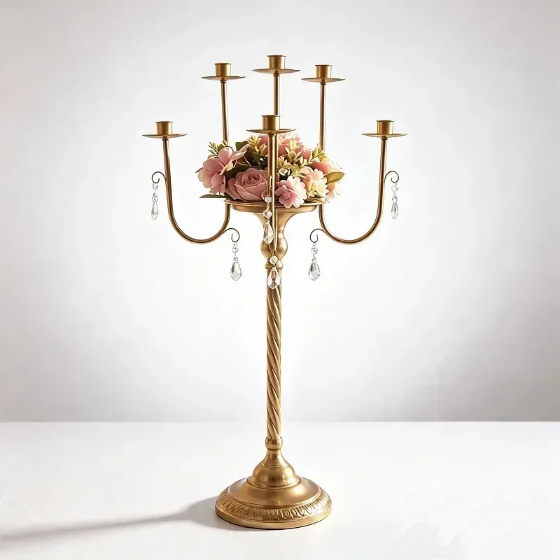 - European Court Wroug Iron Candlestick High Foot Threaded Column Six Head Candle Holder Wedding Table CenterN20