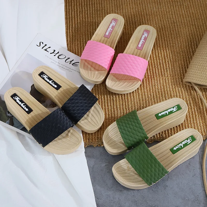 Wedge Heel Thick Bottom Fashion Casual One-word Slippers Comfortable Outer Wear Beach Shoes Imitation Woven Sandals Slippers