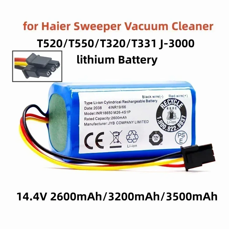 new 14.4V 2600mAh/3200mAh/3500mAh Li-ion battery for Haier sweeper vacuum cleaner  T520 T550 T320 T331 J-3000 battery pack