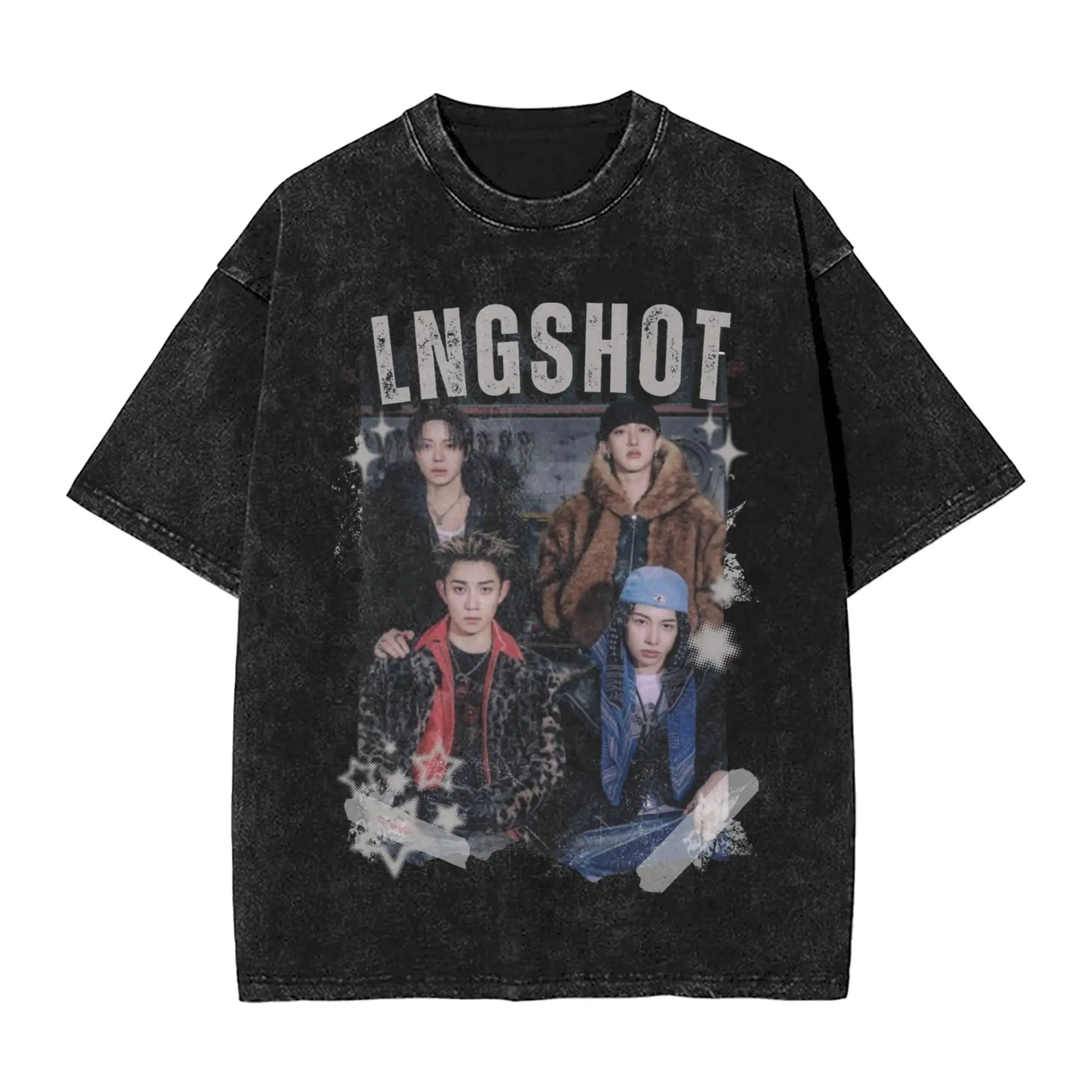 Lngshots Kpop Boy Group T Shirt Hip Hop Washed Short Sleeve Harajuku T-Shirts  Vintage Men Women Tops Streetwear Summer Tees
