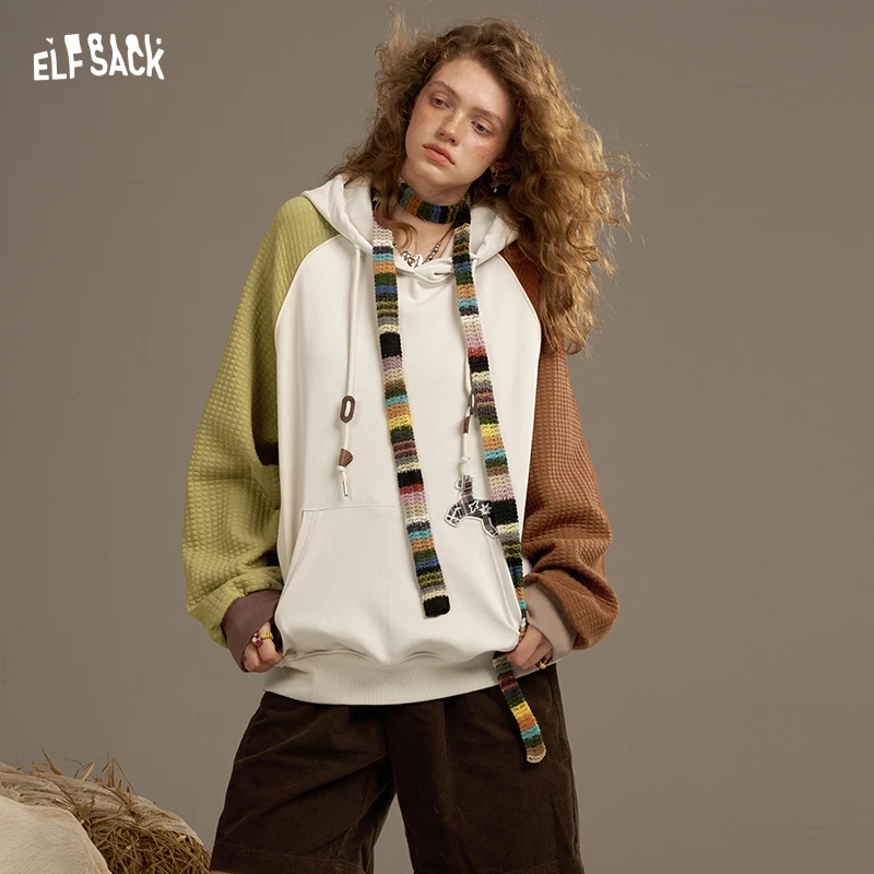 ELFSACK 2025 Autunno nuovi arrivi casual morbido colorblock manica raglan felpa con cappuccio con coulisse allentata per donna