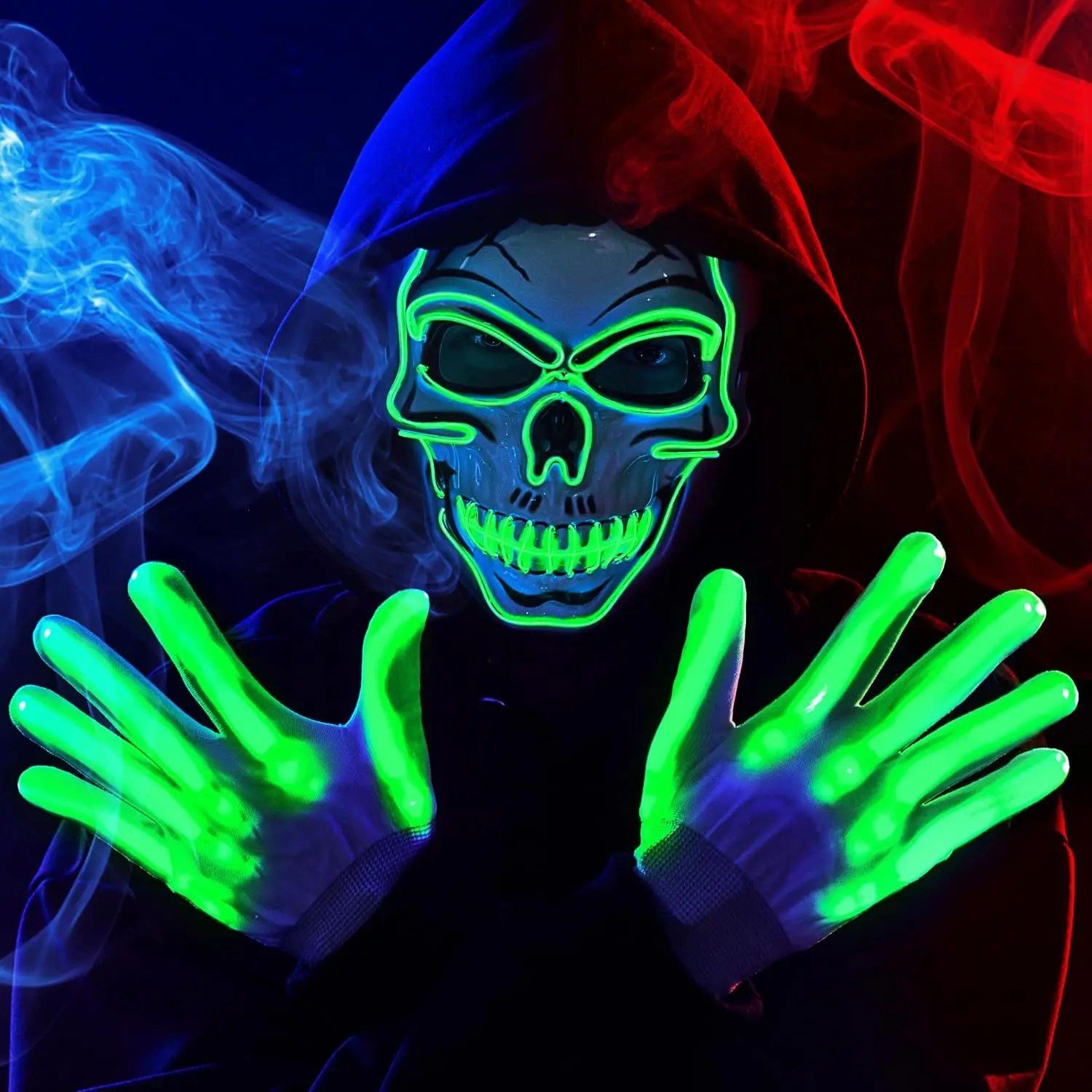 Halloween LED Skull Mask with Light Up Gloves,Skeleton and Scary Glow in The Dark Mask for Adult Men Women Party Dress Up