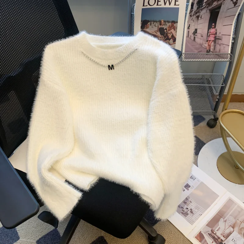 

Winter Women White Pullover Cozy Cashmere Solid Top Knitted Round Neck Jacket Fashion 2024 Long Sleeve Harajuku High Quality