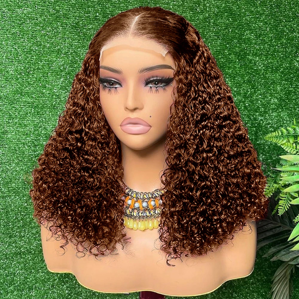 

Chocolate #4 Colored Kinky Curly 13×4 Lace Front Bob Wigs Brown Pre Plucked Deep Wave Lace Frontal Short Bob Human Hair Wig
