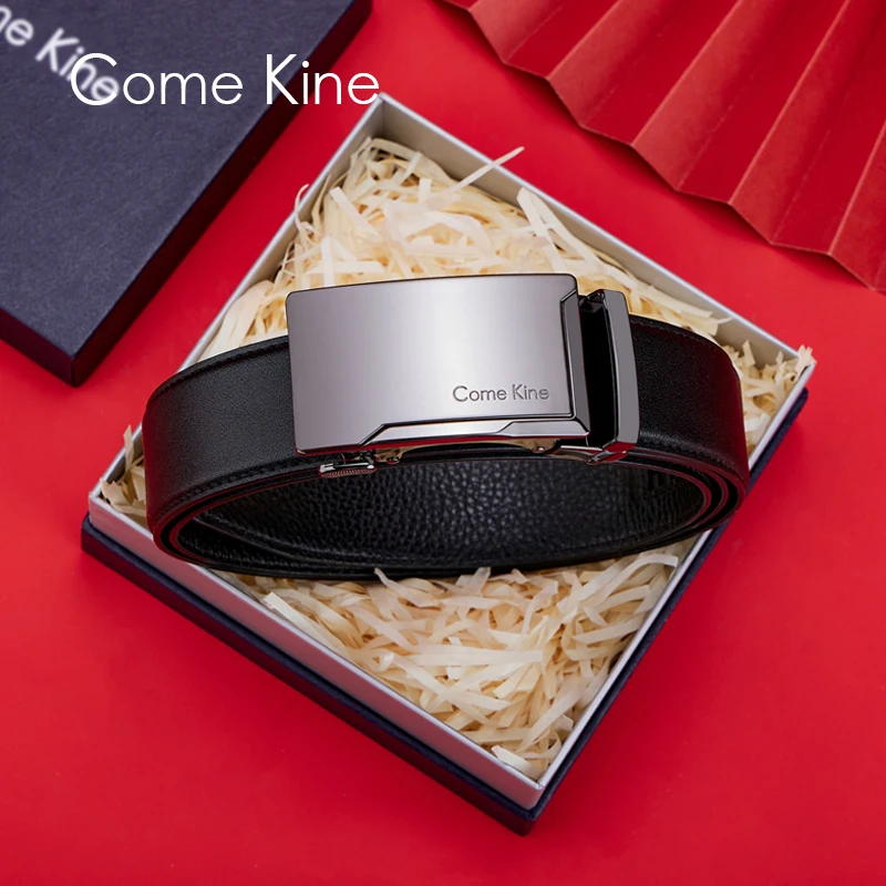 ComeKine Mens Simplicity Belts Automatic Buckle Genuine Leather High Quality Belt Gifts for Boyfriend Husband Counter Gift Box