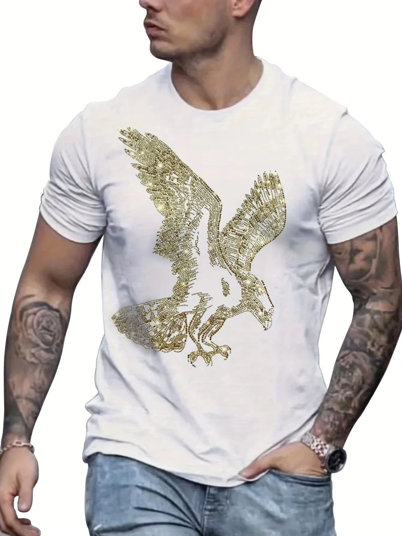 Men Women Funny Eagle Graphic T-Shirt - Sparkling Golden Eagle Bling Rhinestone Shirt Crewneck Party Tee for Prom